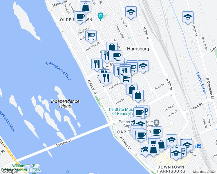 map of restaurants, bars, coffee shops, grocery stores, and more near 212 Verbeke Street in Harrisburg