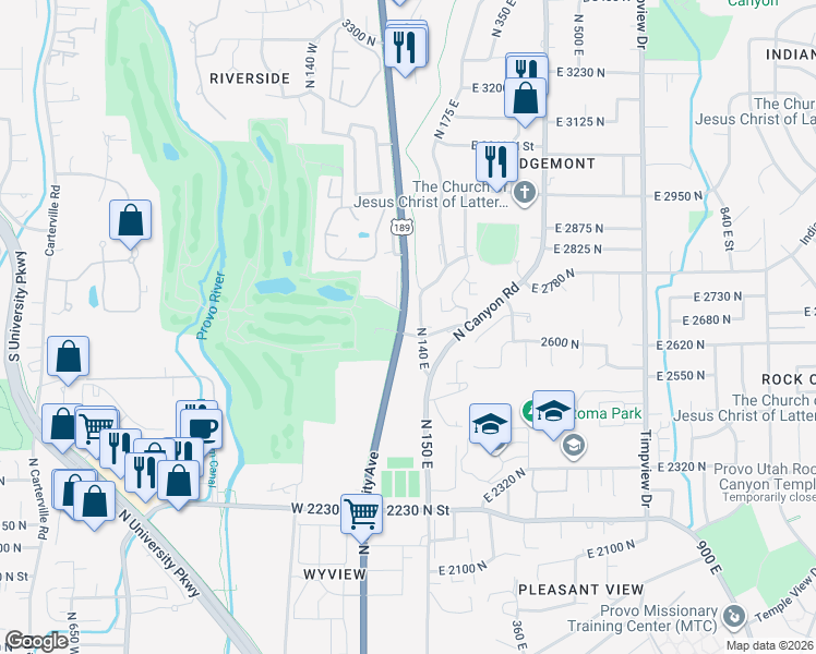 map of restaurants, bars, coffee shops, grocery stores, and more near 2698 East 2680 North Street in Provo