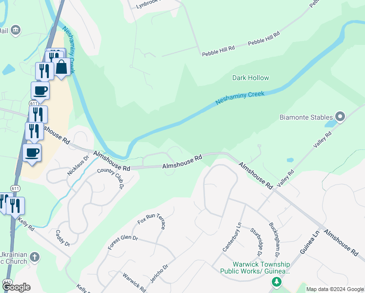 map of restaurants, bars, coffee shops, grocery stores, and more near 33 Bogey Circle in Doylestown