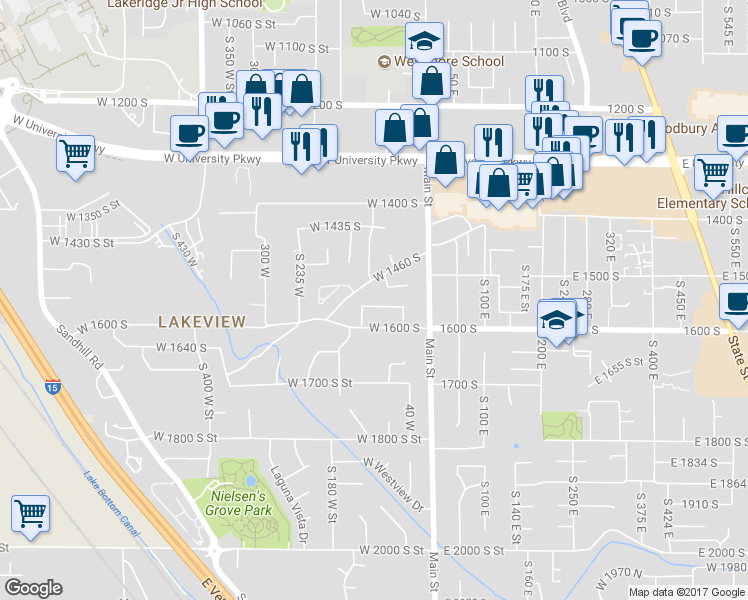 map of restaurants, bars, coffee shops, grocery stores, and more near 122 West 1560 South Street in Orem