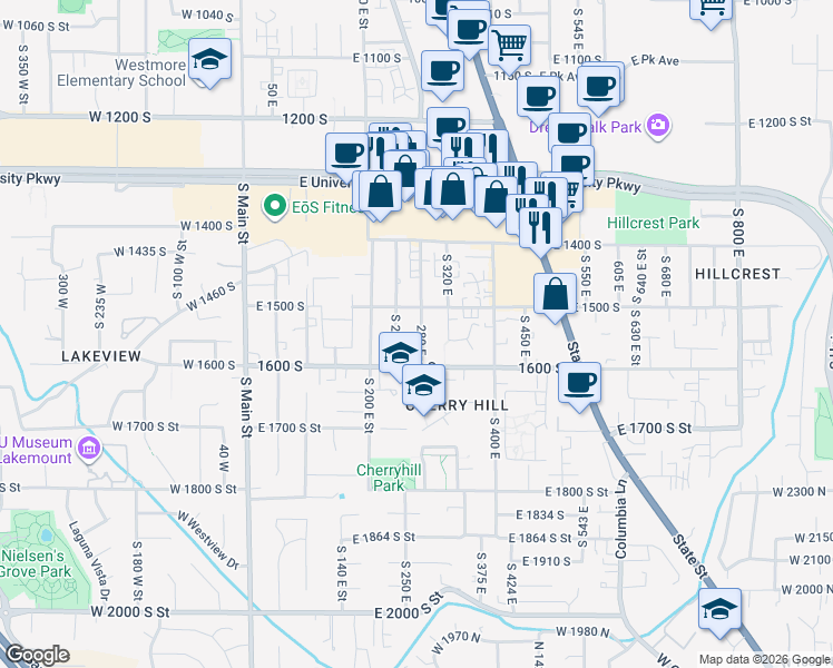 map of restaurants, bars, coffee shops, grocery stores, and more near 1546 280 East in Orem