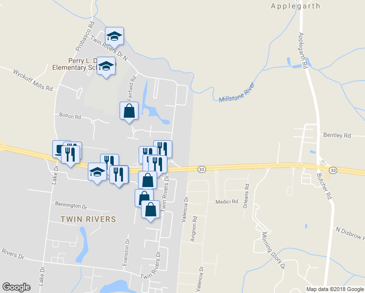 map of restaurants, bars, coffee shops, grocery stores, and more near 751 Twin Rivers Drive North in East Windsor