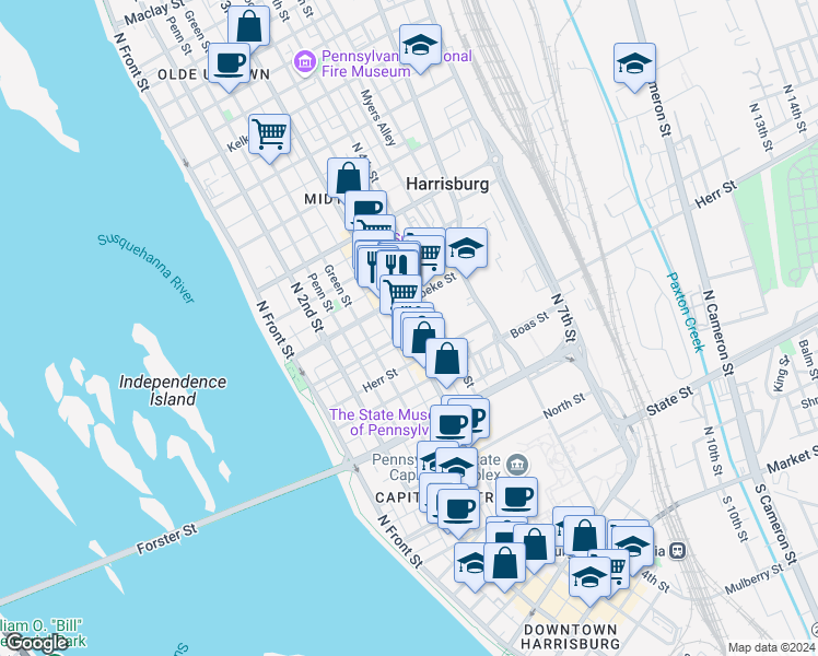map of restaurants, bars, coffee shops, grocery stores, and more near 1207 North 3rd Street in Harrisburg