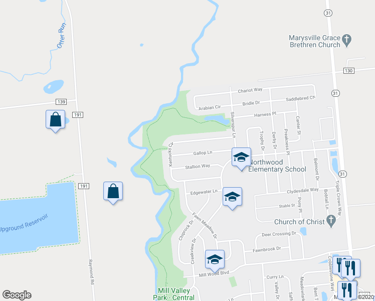 map of restaurants, bars, coffee shops, grocery stores, and more near 758 Gallop Lane in Marysville