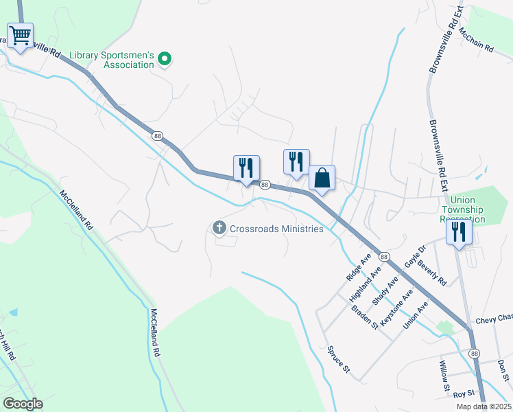 map of restaurants, bars, coffee shops, grocery stores, and more near 19 Walter Long Road in Finleyville