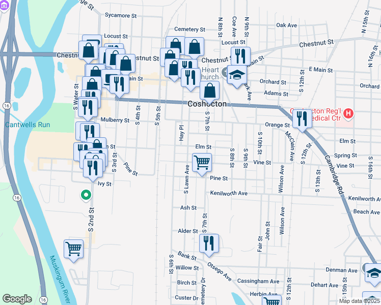 map of restaurants, bars, coffee shops, grocery stores, and more near 510 South Lawn Avenue in Coshocton
