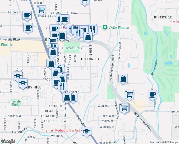 map of restaurants, bars, coffee shops, grocery stores, and more near 1554 South 800 East in Orem