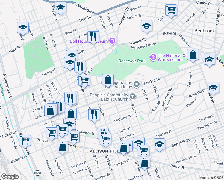map of restaurants, bars, coffee shops, grocery stores, and more near 25 North 19th Street in Harrisburg
