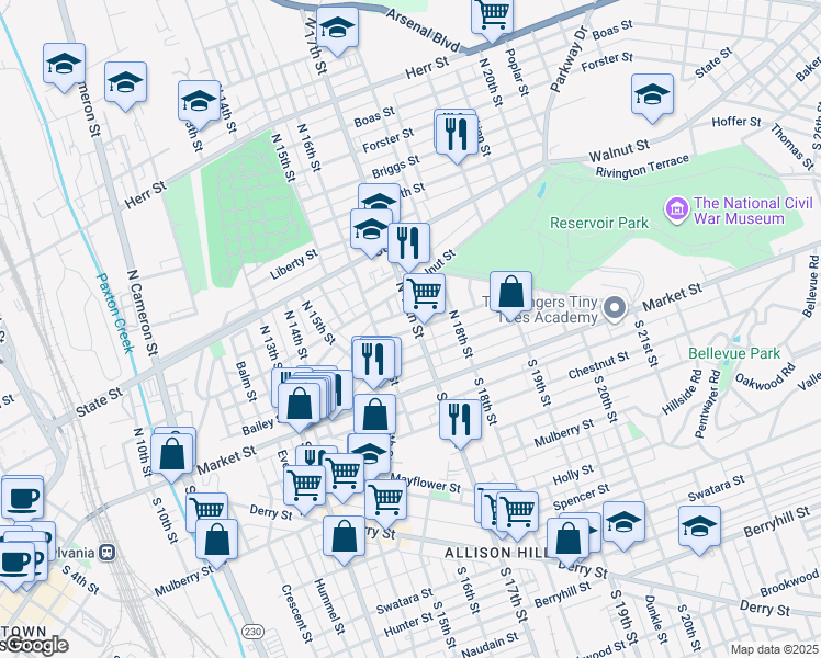 map of restaurants, bars, coffee shops, grocery stores, and more near 1632 Regina Street in Harrisburg