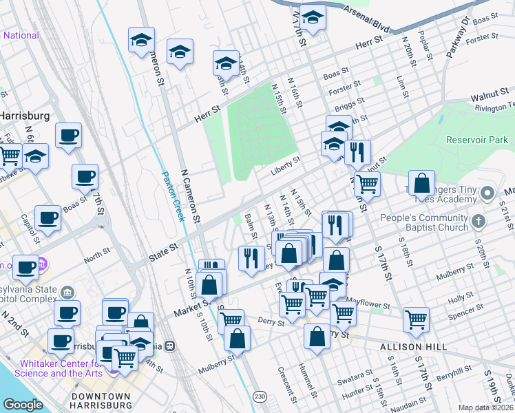 map of restaurants, bars, coffee shops, grocery stores, and more near 156 North 13th Street in Harrisburg