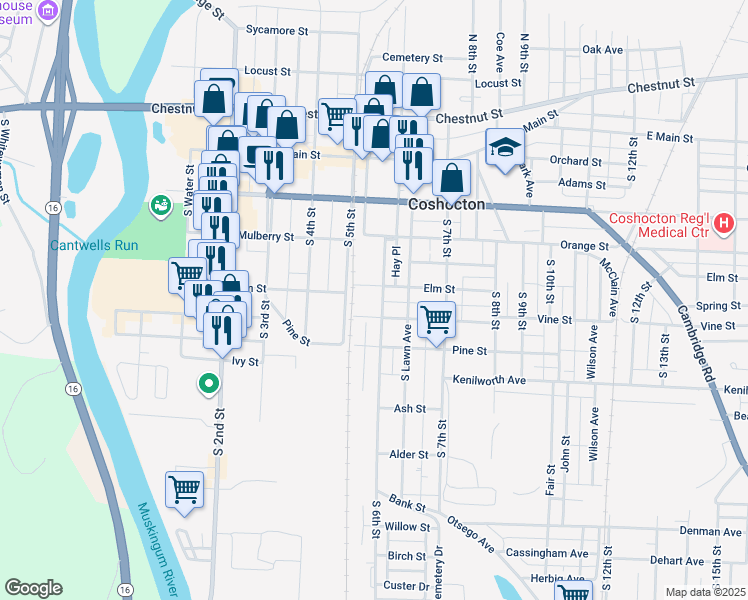 map of restaurants, bars, coffee shops, grocery stores, and more near 509 South 6th Street in Coshocton