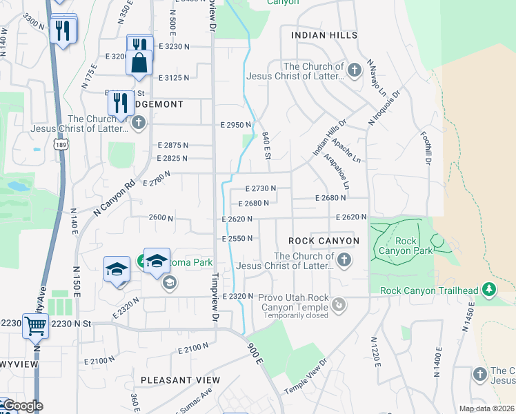 map of restaurants, bars, coffee shops, grocery stores, and more near 788 East 2680 North in Provo
