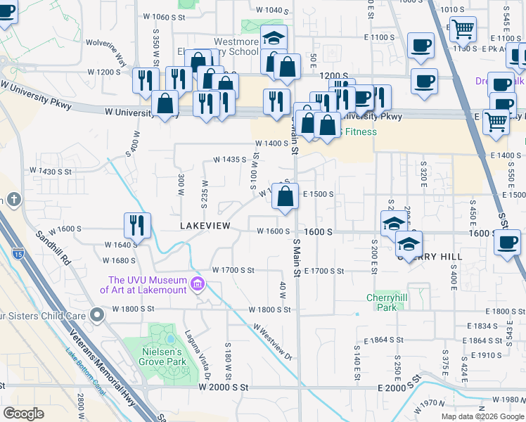 map of restaurants, bars, coffee shops, grocery stores, and more near 122 West 1560 South Street in Orem