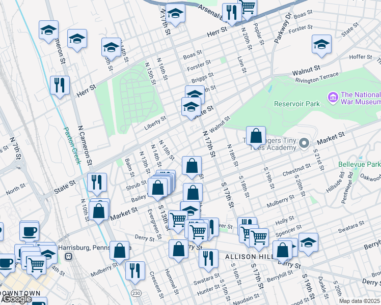 map of restaurants, bars, coffee shops, grocery stores, and more near 66 North 16th Street in Harrisburg