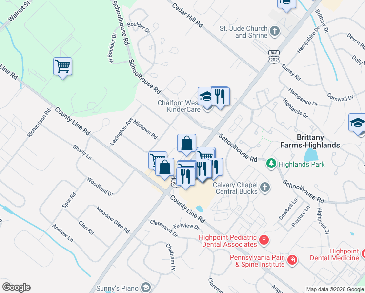 map of restaurants, bars, coffee shops, grocery stores, and more near 505 West Butler Avenue in Chalfont