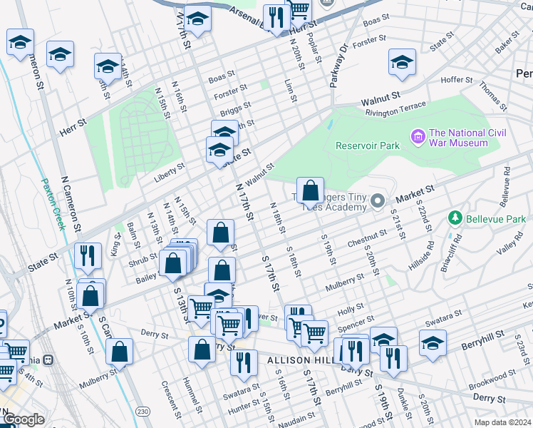 map of restaurants, bars, coffee shops, grocery stores, and more near 1727 Regina Street in Harrisburg
