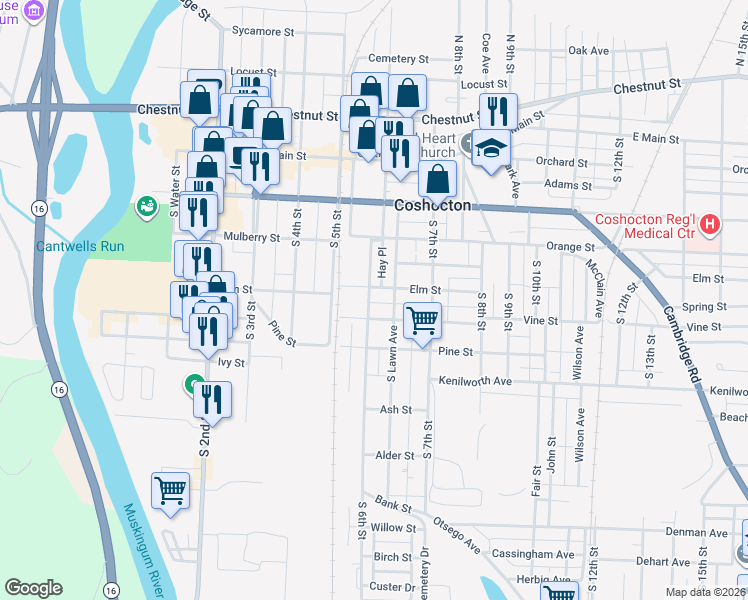 map of restaurants, bars, coffee shops, grocery stores, and more near 509 South 6th Street in Coshocton