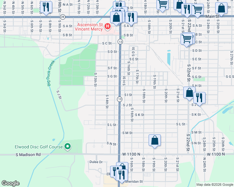 map of restaurants, bars, coffee shops, grocery stores, and more near 918 South Anderson Street in Elwood