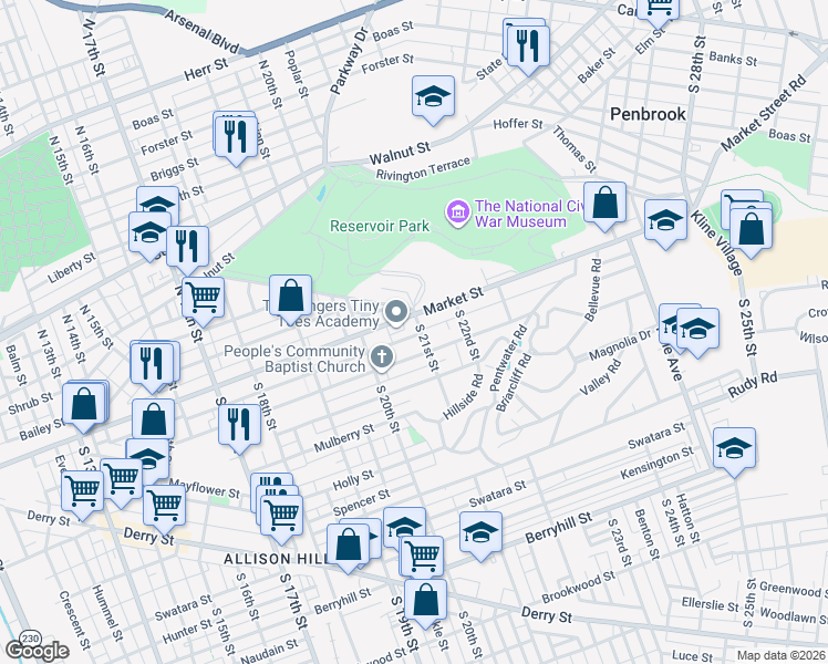 map of restaurants, bars, coffee shops, grocery stores, and more near 16 South 21st Street in Harrisburg