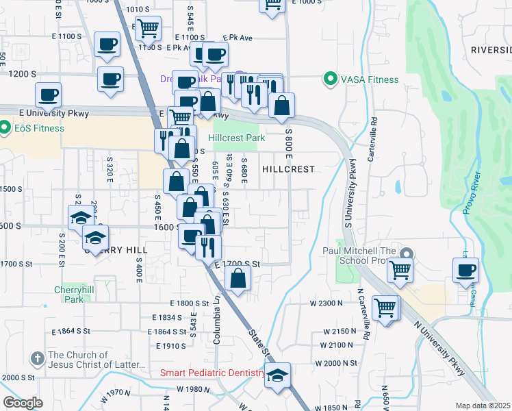map of restaurants, bars, coffee shops, grocery stores, and more near 720 East 1500 South in Orem