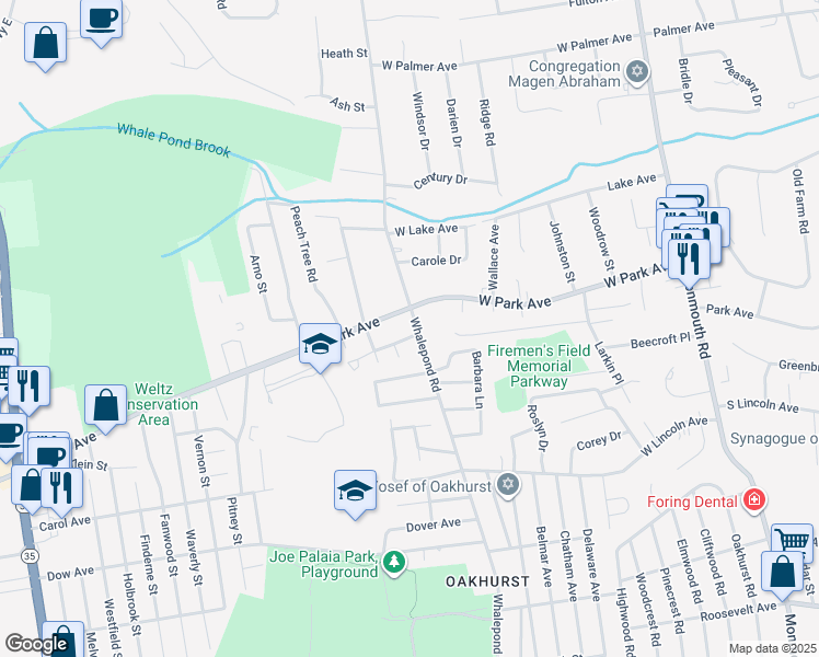 map of restaurants, bars, coffee shops, grocery stores, and more near 64 Whalepond Road in Ocean Township