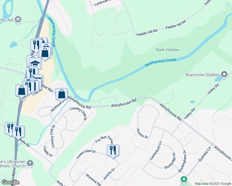 map of restaurants, bars, coffee shops, grocery stores, and more near 33 Bogey Circle in Doylestown