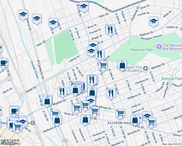 map of restaurants, bars, coffee shops, grocery stores, and more near 66 North 16th Street in Harrisburg