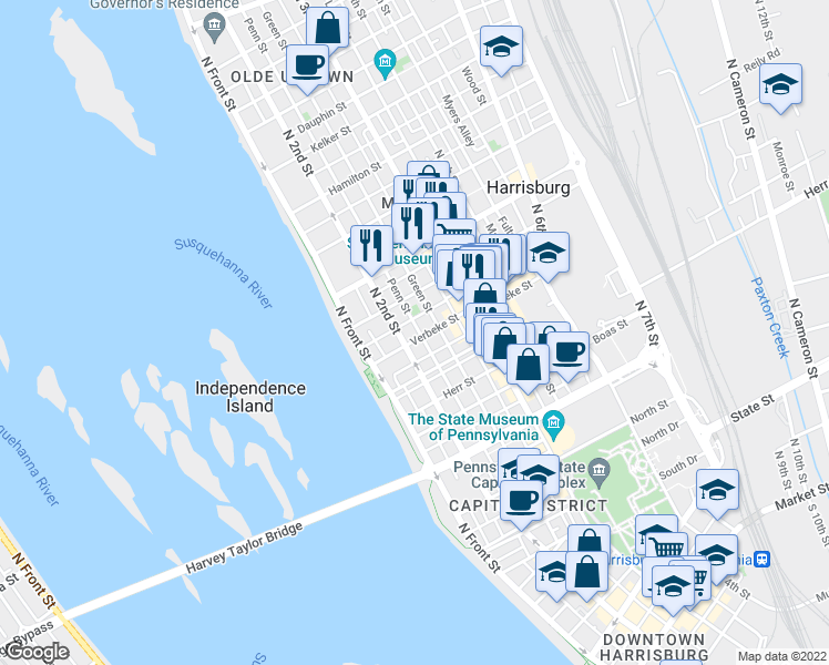 map of restaurants, bars, coffee shops, grocery stores, and more near in Harrisburg