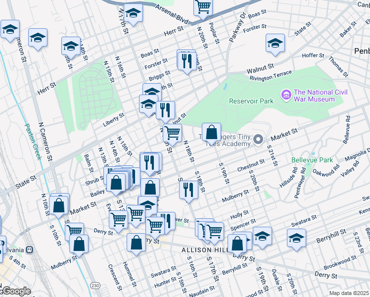 map of restaurants, bars, coffee shops, grocery stores, and more near 44 North 18th Street in Harrisburg