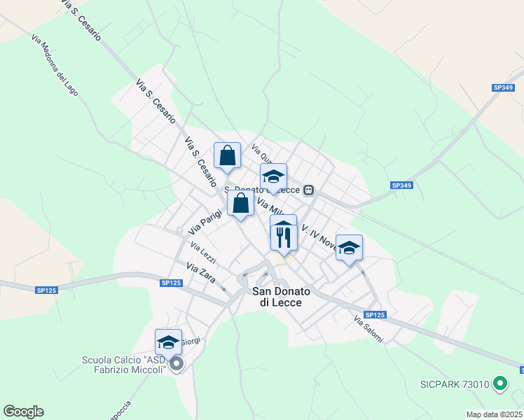 map of restaurants, bars, coffee shops, grocery stores, and more near 12 Via Venezia in San Donato di Lecce