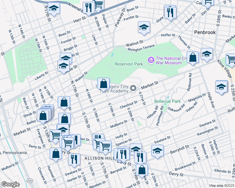 map of restaurants, bars, coffee shops, grocery stores, and more near 1926 Market Street in Harrisburg
