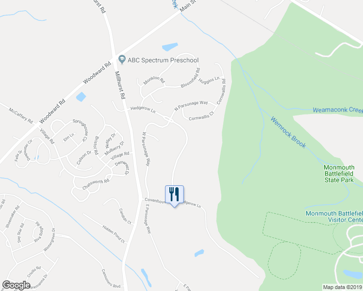 map of restaurants, bars, coffee shops, grocery stores, and more near 12 Hedgerow Lane in Manalapan Township