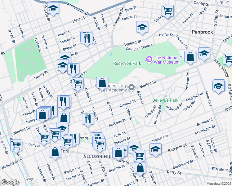 map of restaurants, bars, coffee shops, grocery stores, and more near 1926 Market Street in Harrisburg