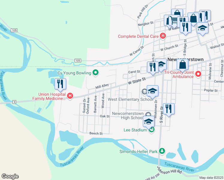 map of restaurants, bars, coffee shops, grocery stores, and more near 739 W State St in Newcomerstown