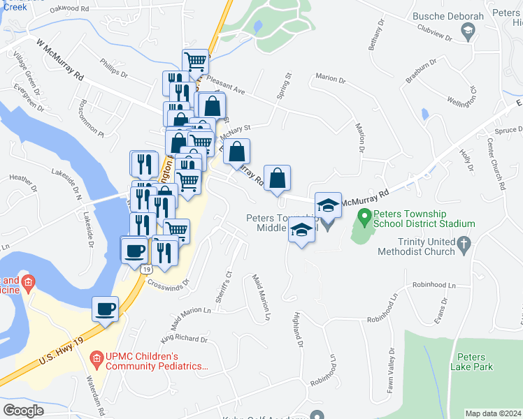map of restaurants, bars, coffee shops, grocery stores, and more near 240 Cedar Hill Drive in Canonsburg