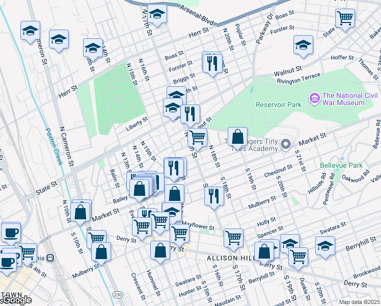 map of restaurants, bars, coffee shops, grocery stores, and more near 1632 Regina Street in Harrisburg