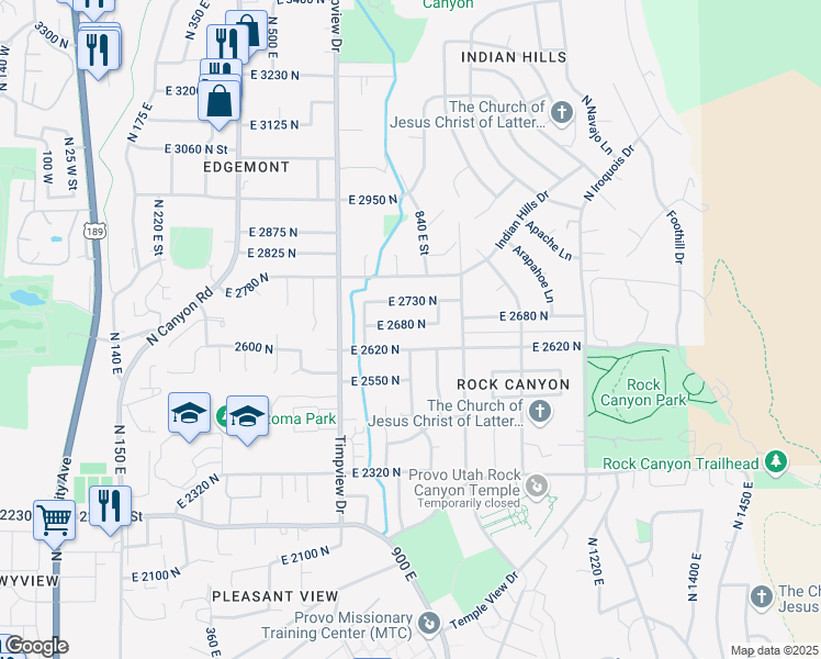 map of restaurants, bars, coffee shops, grocery stores, and more near 788 East 2680 North in Provo