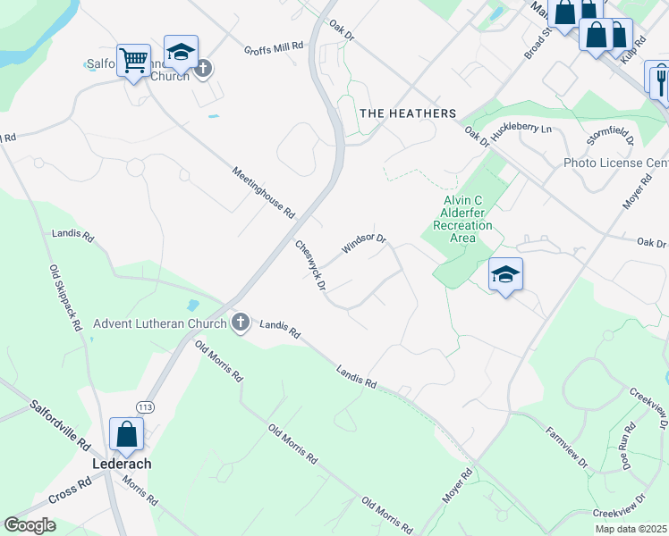 map of restaurants, bars, coffee shops, grocery stores, and more near 448 Windsor Dr in Harleysville