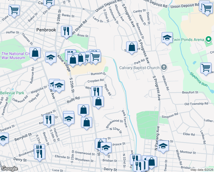 map of restaurants, bars, coffee shops, grocery stores, and more near 315 Wyatt Road in Harrisburg