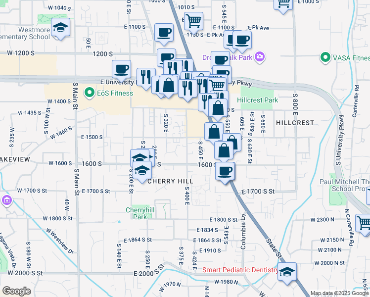 map of restaurants, bars, coffee shops, grocery stores, and more near 1542 South 400 East in Orem