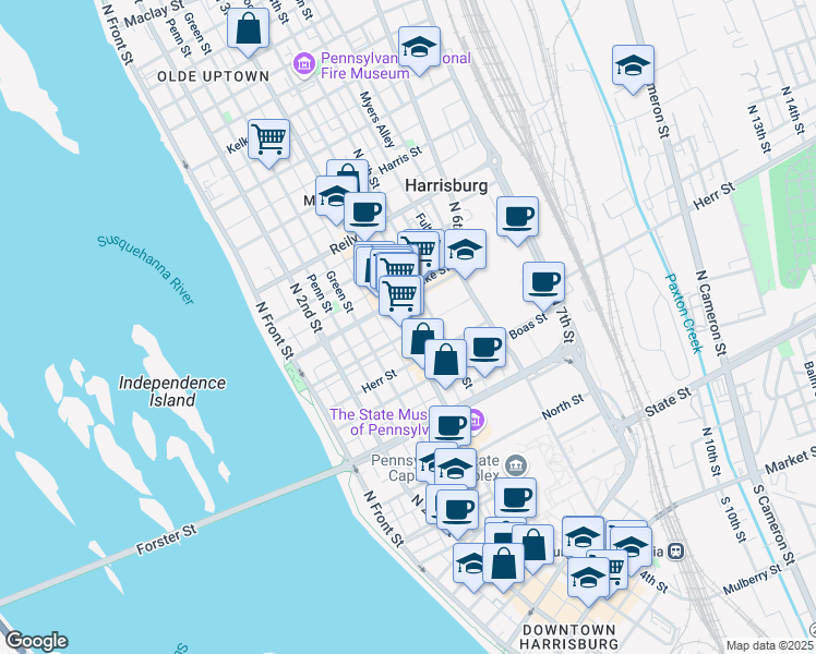 map of restaurants, bars, coffee shops, grocery stores, and more near 1209 North 3rd Street in Harrisburg