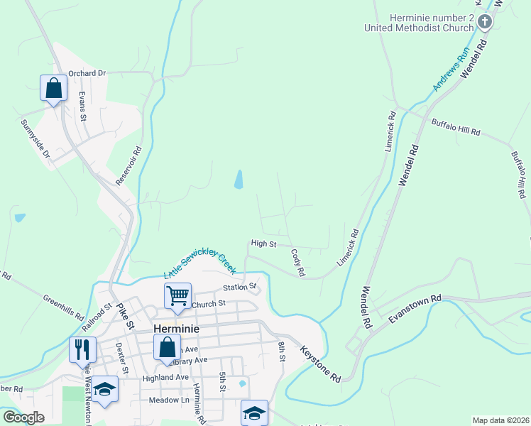 map of restaurants, bars, coffee shops, grocery stores, and more near 318 Mark Road in Herminie