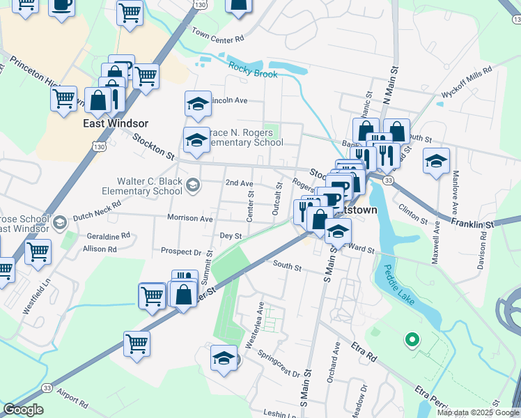 map of restaurants, bars, coffee shops, grocery stores, and more near 119 1st Avenue in Hightstown