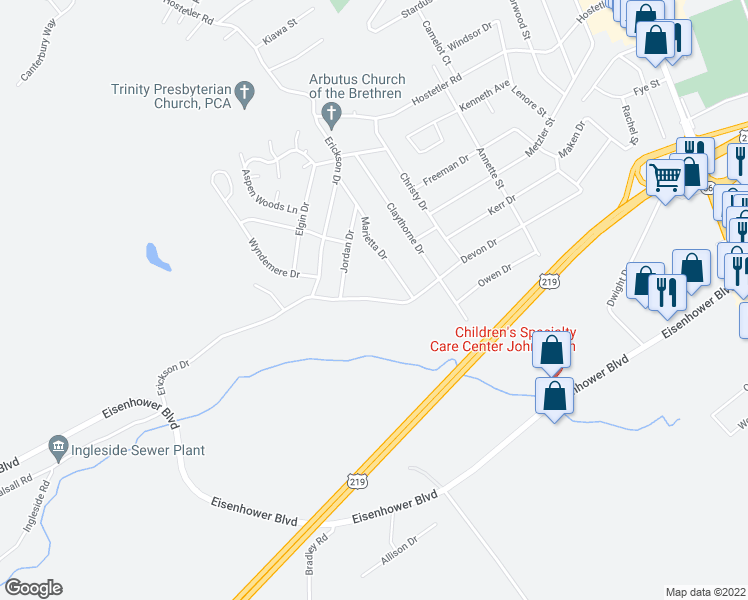 map of restaurants, bars, coffee shops, grocery stores, and more near 425 Devon Drive in Johnstown