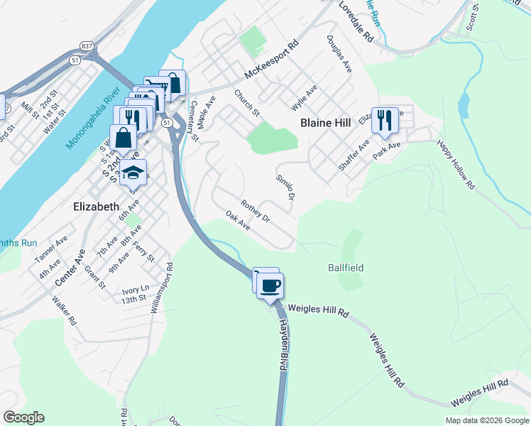 map of restaurants, bars, coffee shops, grocery stores, and more near 507 Rothey Dr in Elizabeth