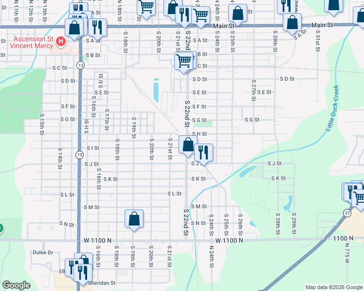 map of restaurants, bars, coffee shops, grocery stores, and more near 2122 South I Street in Elwood