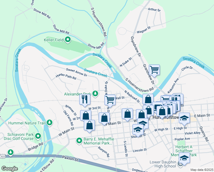 map of restaurants, bars, coffee shops, grocery stores, and more near 235 North Duke Street in Hummelstown