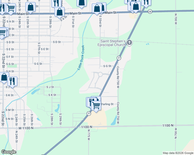 map of restaurants, bars, coffee shops, grocery stores, and more near 12 Memorial Drive North in Elwood