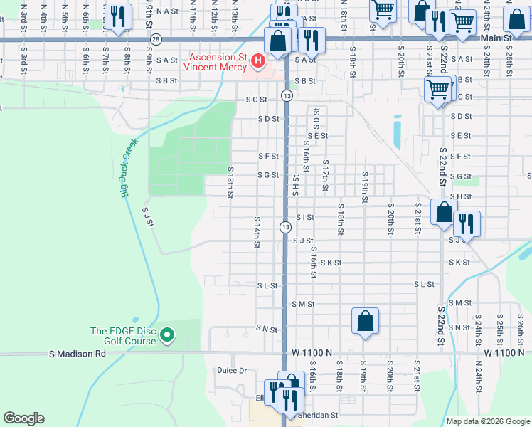 map of restaurants, bars, coffee shops, grocery stores, and more near 1400 South I Street in Elwood