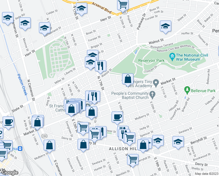map of restaurants, bars, coffee shops, grocery stores, and more near 1725 Regina Street in Harrisburg